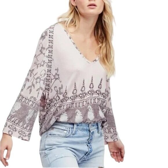 Free People Medallion Pastel Purple Linen Blouse - Picture 1 of 8